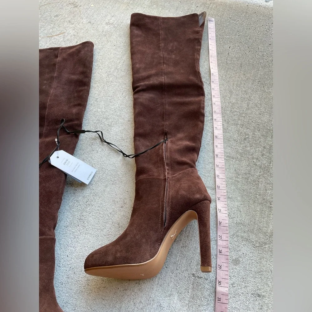 NWT Express Brian Atwood Suede Over The Knee Chocolate Brown Heeled Boots 6 Glam